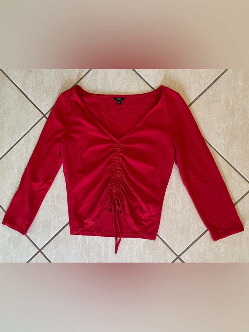 GUESS Red V-Neck Ruched Drawstring Top - Picture 6 of 10